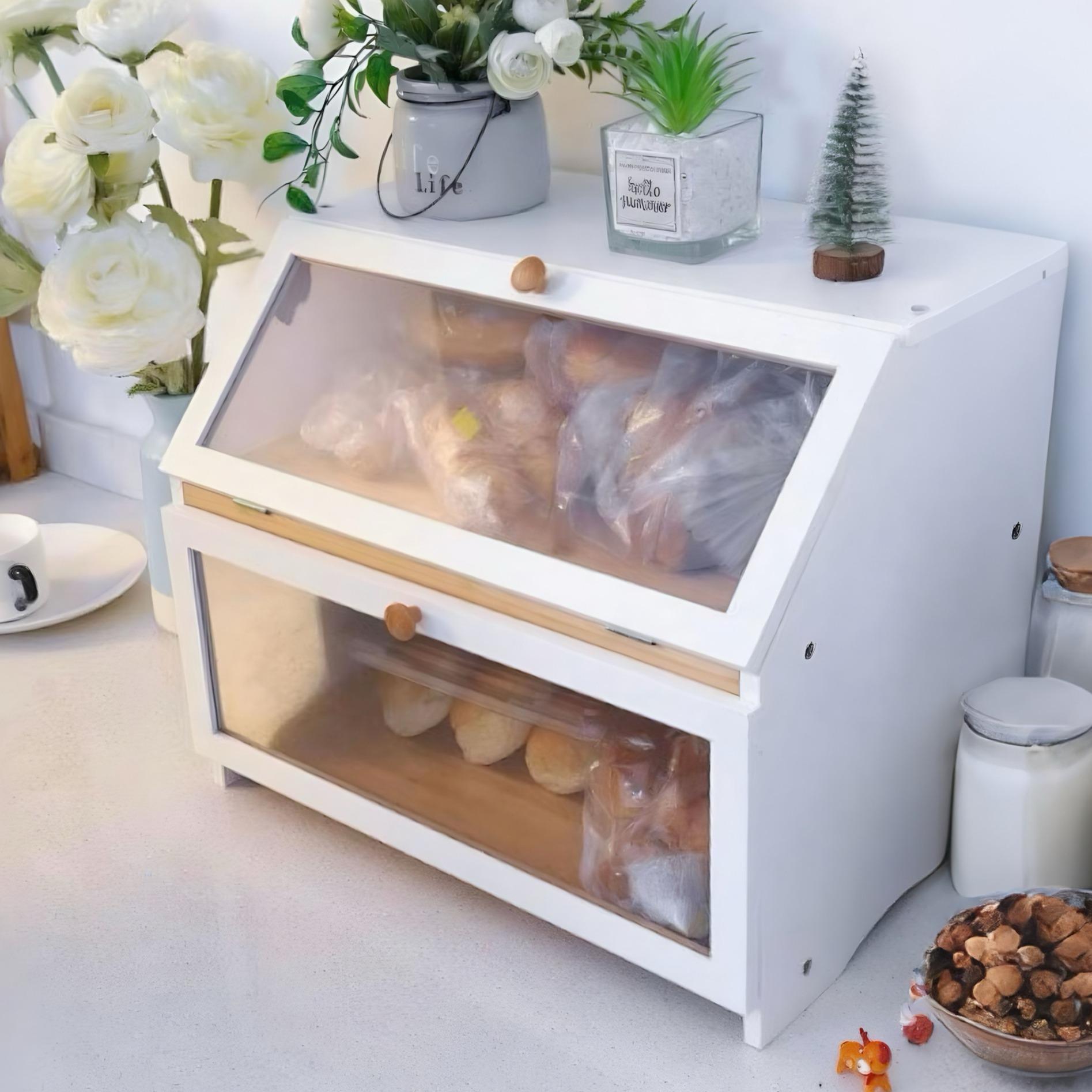 Food Storage Canister - HOMEKOKO キッチンカウンター用二層式ブレッドボックス、大容量木製ブレッドビン、家の装飾用ブレッド収納、キッチンオーガナイザー、パントリー収納容器