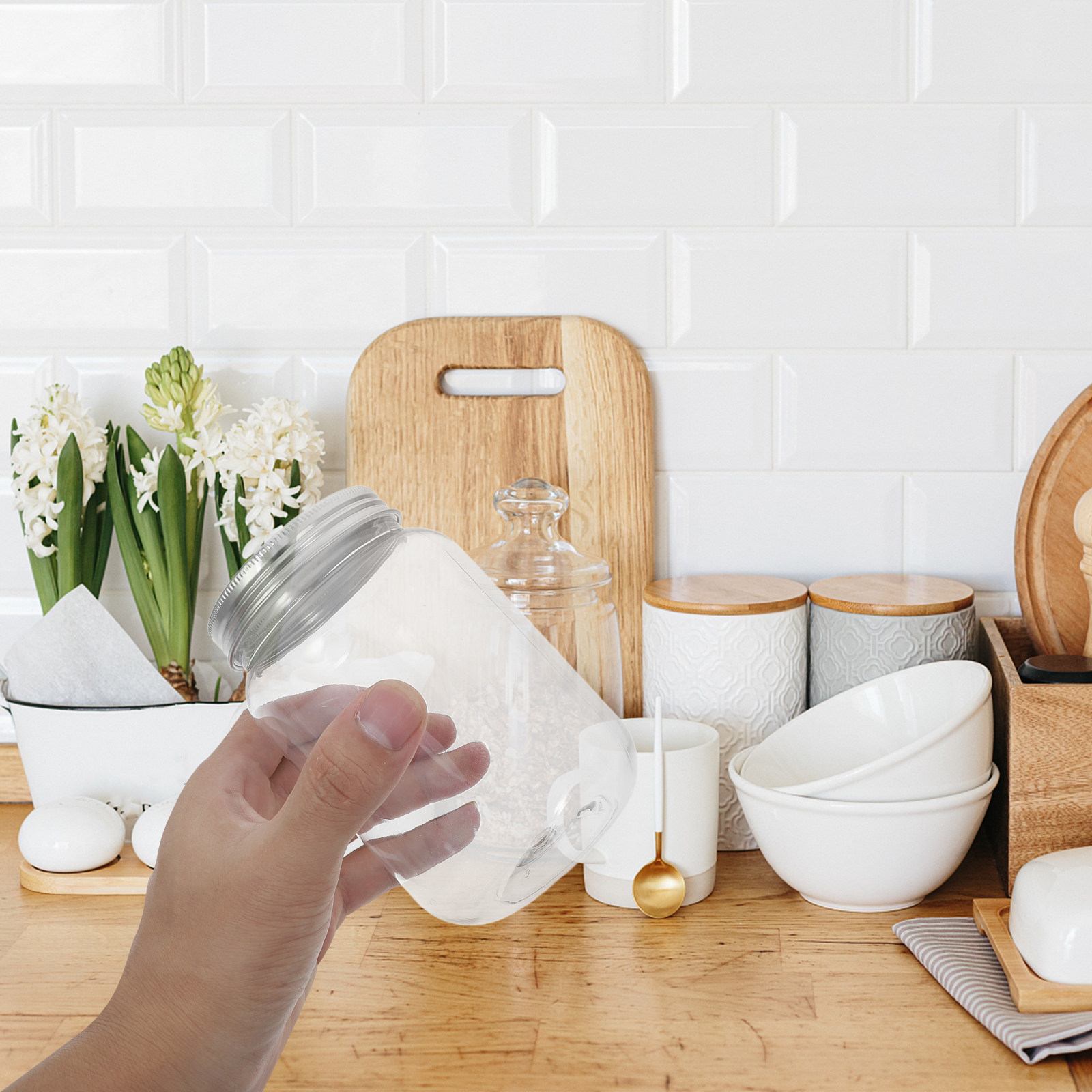 Food Storage With Lids - 4個入り透明プラスチックジャー、気密蓋付き、キッチン収納用、乾燥食品、スナック、キャンディー、スパイス、オーバーナイトオーツ、パスタ、サワードウ用