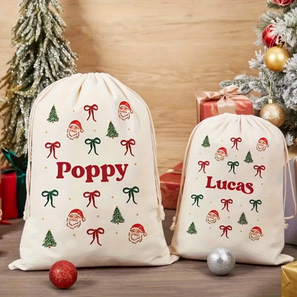 Food Storage Name - パーソナライズされたシンプルなサンタ＆クリスマスボウ付き巾着袋、カスタムネーム入りリネン風ホリデーギフトバッグ、クリスマスプレゼント収納ポーチ