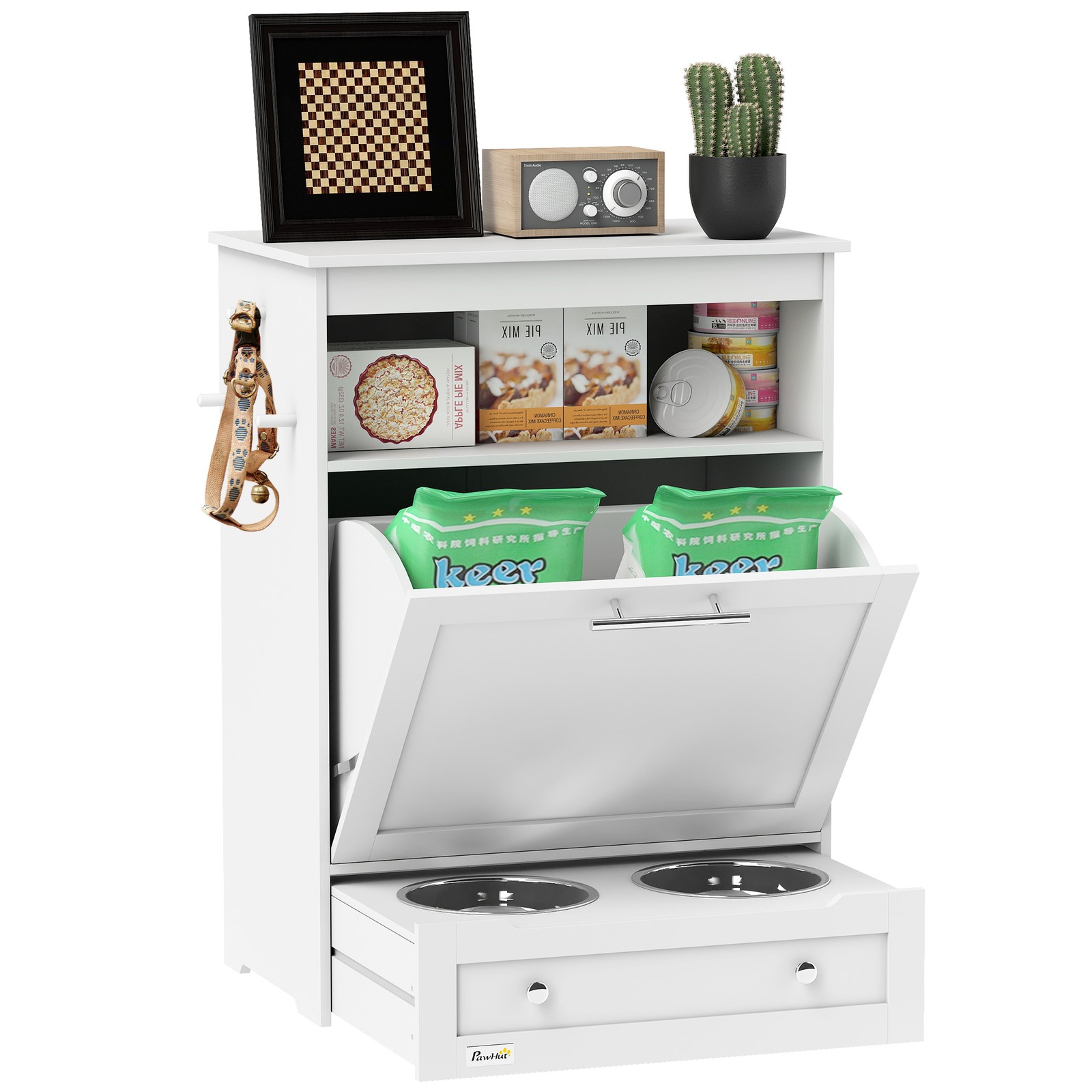 Food Storage In Cabinets - ペットフィーダーステーション、犬と猫の餌の保管・給餌ステーション、フードキャビネット、ホワイト