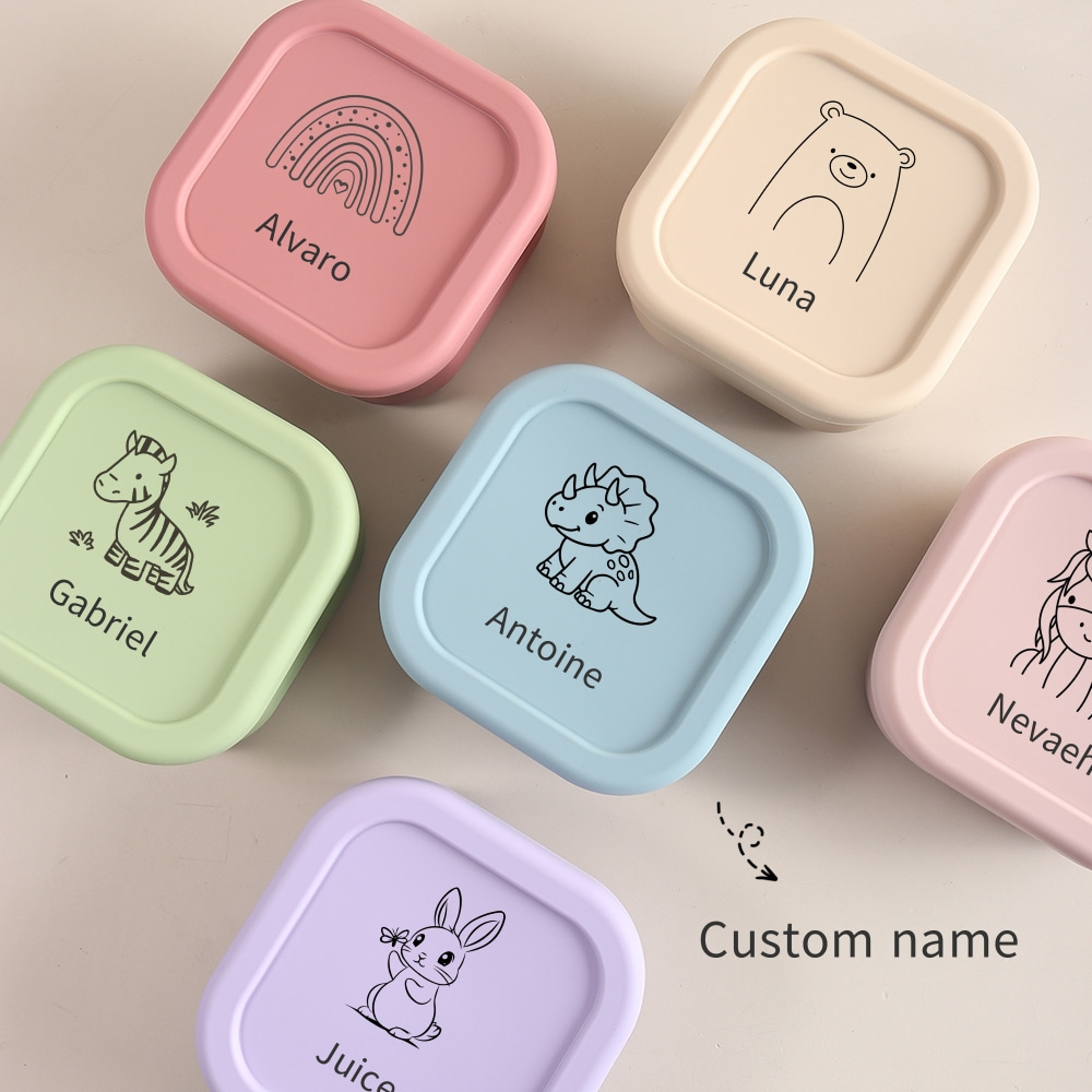 Food Storage Name - カスタム名またはパターン入り1個入り食品グレードシリコン製ベビーフード保存容器、510ml漏れ防止スナックボックス、学校給食ボックス