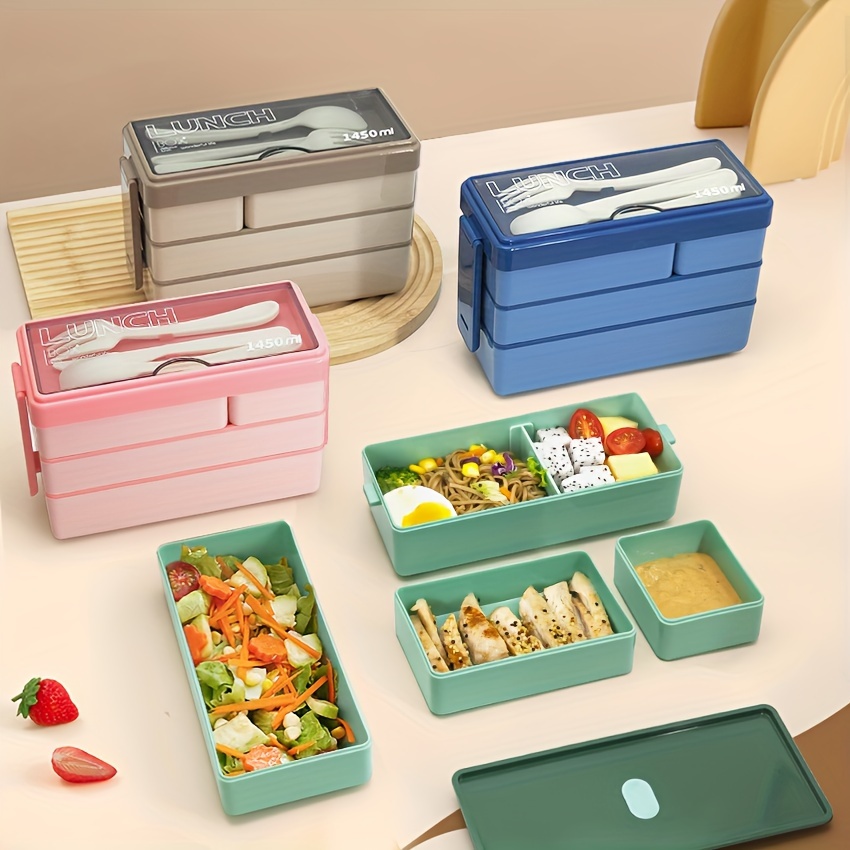 Food Storage Large Plastic Containers - カトラリー付き大容量弁当箱,多層食品保存,積み重ね可能な漏れ防止弁当容器,キッチン用品,1450ml