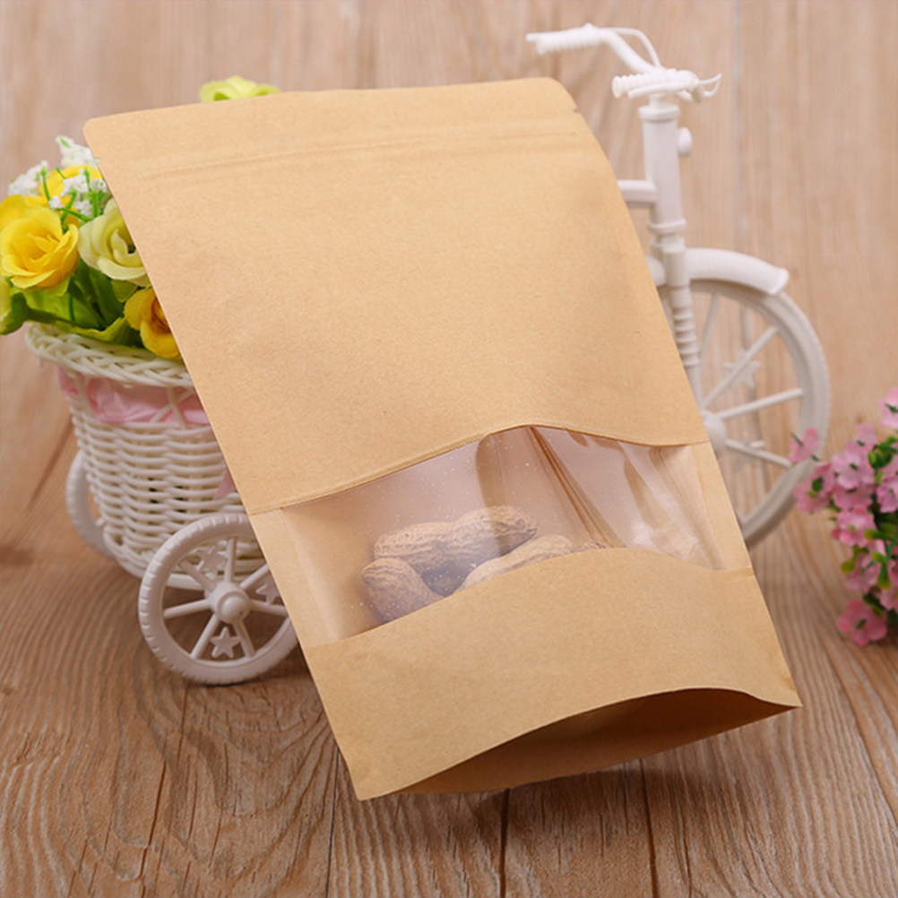 Food Storage Bag - 50枚入りクラフト紙ジッパー付き自立型窓付きバッグ、再利用可能な食品保存包装、クッキー、紅茶、ドライフルーツ、スナック用