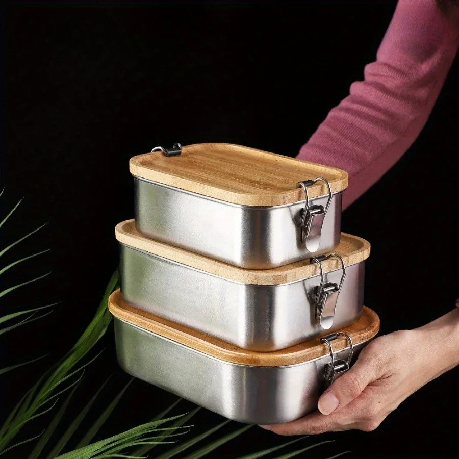 Food Storage Oven Safe - 新しい304ステンレス製竹製蓋付きランチボックス、和風蓋付き保存容器、ランチボックス、食品保存容器