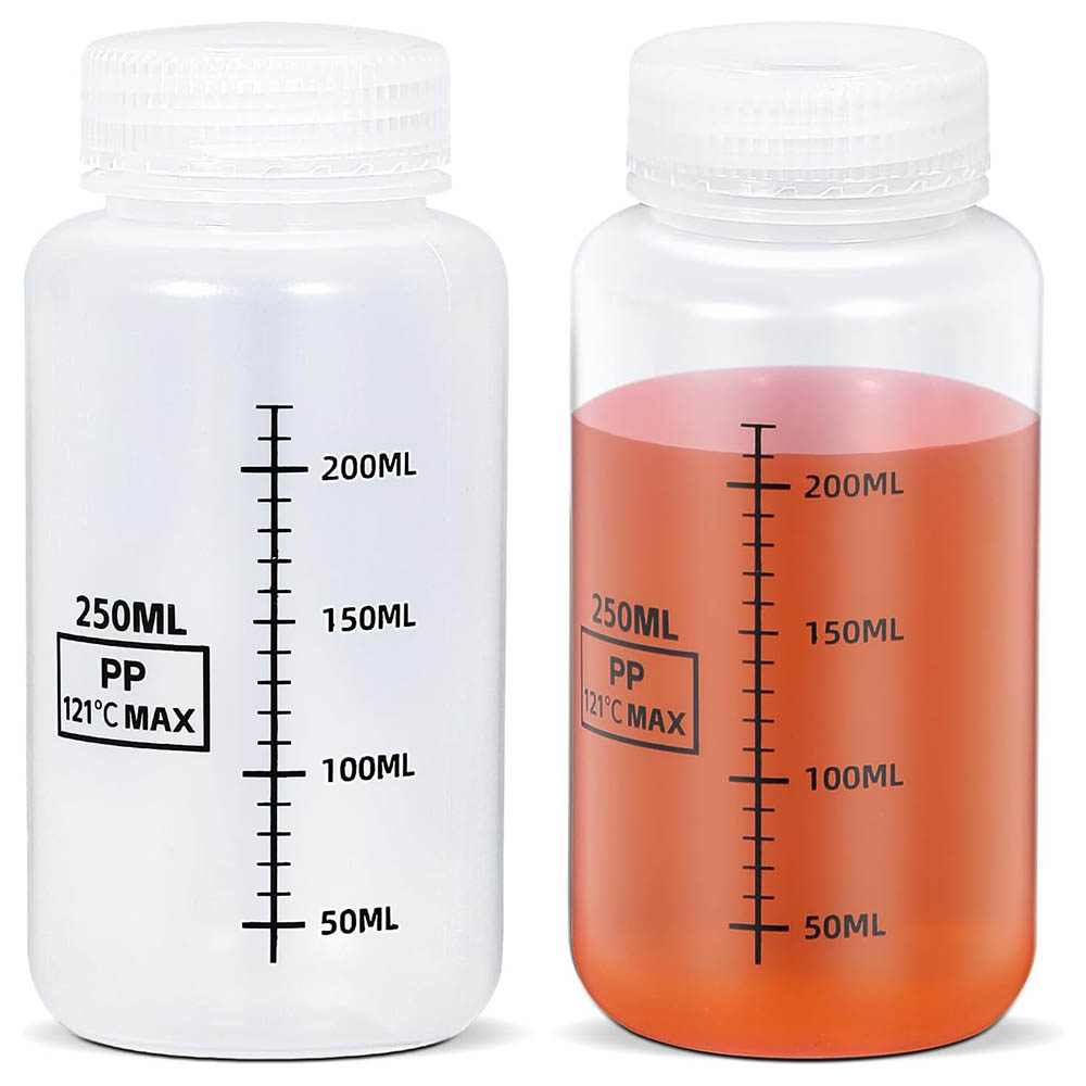 Food Storage 30 Years - 8オンス/250ml広口プラスチックボトル、目盛り付き食品グレードPP容器、水サンプル、実験試薬、液体薬品の保管用