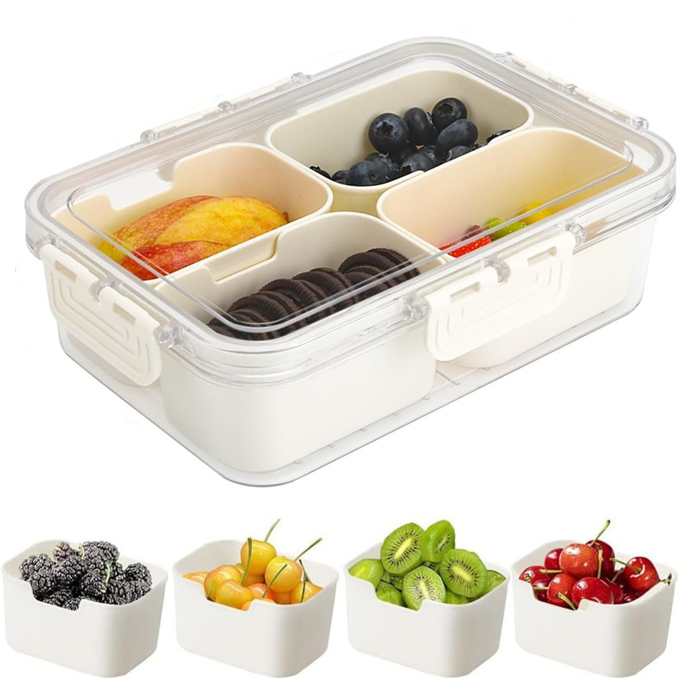Food Storage Oven Safe - ポータブル食品保存箱、スナック収納ボックス、蓋付き4つのコンパートメント、独立したサービングトレイ、キッチン用スナックボックス、フルーツフードコンテナ