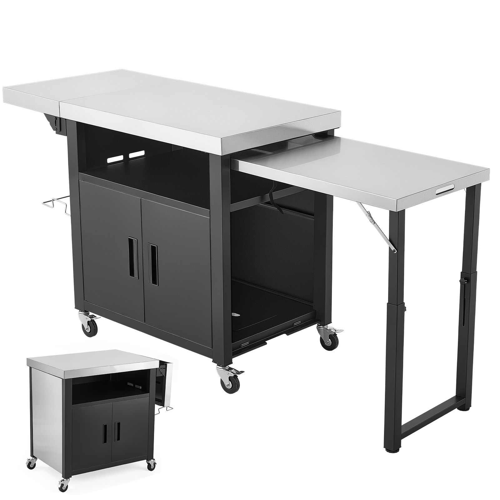 Food Storage In Cabinets - 屋外グリルカート、収納キャビネット付き、74.8インチグリルテーブル、ステンレス製トップの防水キッチンアイランド、プルアウトプレート、ホイール付き、パティオバー、裏庭BBQ用可動式食品調理ステーション