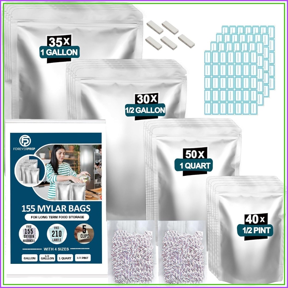 Food Storage Long Term - 155枚のマイラーバッグ、155個の酸素吸収剤付き-210ラベル、気密性のある再封可能な袋 | 4サイズ展開、ヒートシール可能、5つのクリップ付き、11MIL厚、長期食品保存用