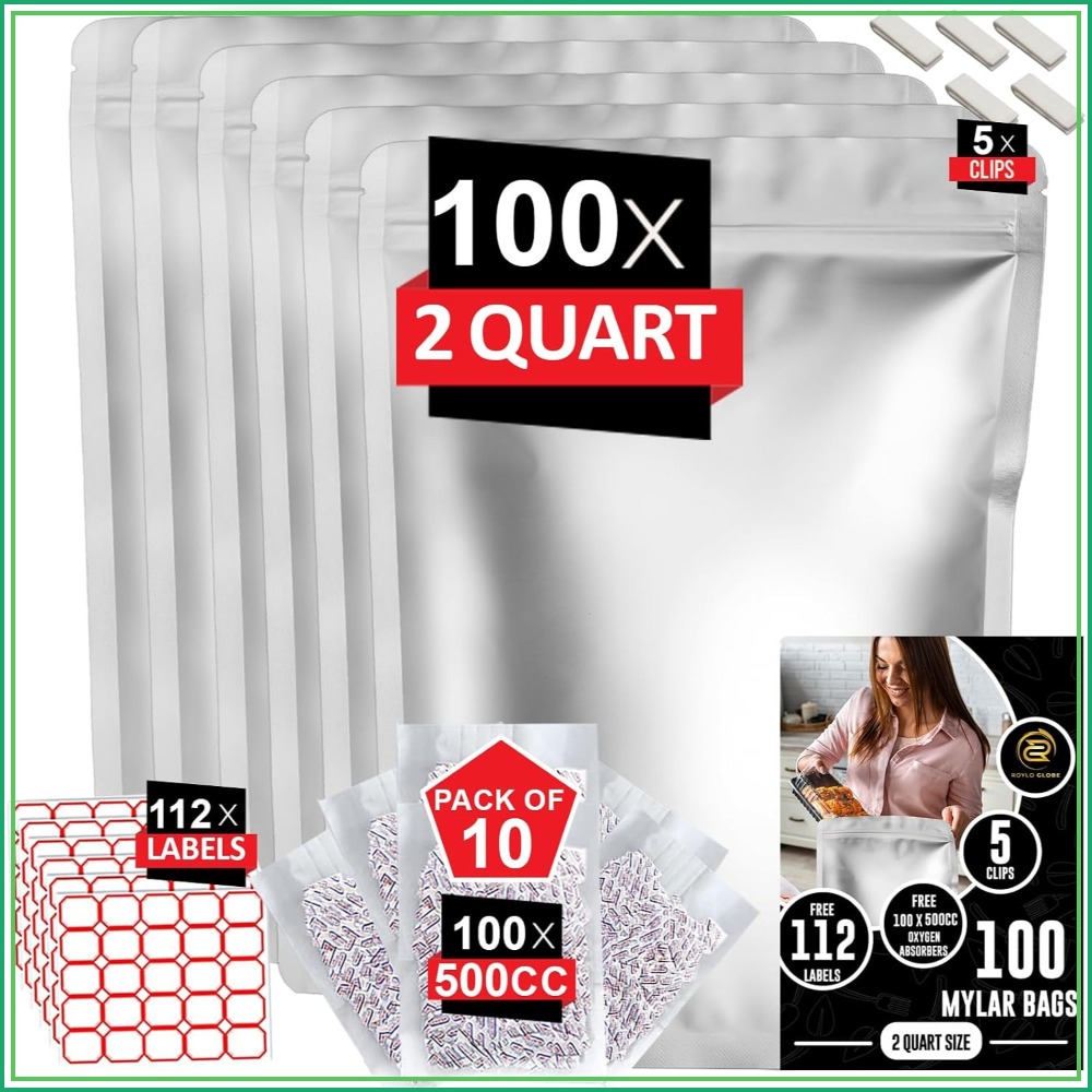 Food Storage Long Term - 100個入り 2クォートマイラーバッグ（100個の500cc酸素吸収剤、112個のラベル、5個のクリップ付き）- 10ミル厚、自立型、再利用可能、長期食品保存用気密バッグ