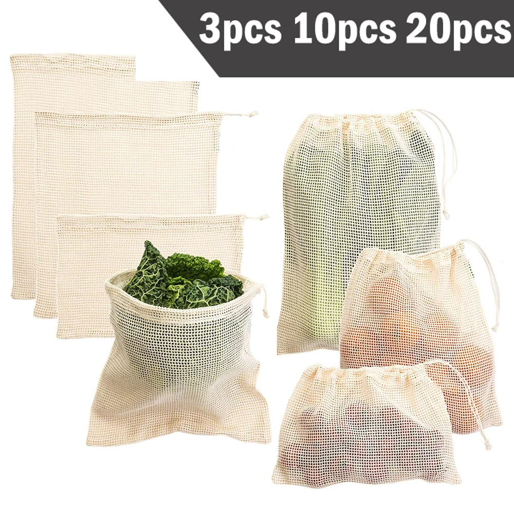 Produce Bag Reusable Mesh - 3 6 10 個再利用可能な農産物バッグセットエコバッグ綿メッシュ野菜バッグ果物野菜保存袋再利用可能なショッピングバッグ