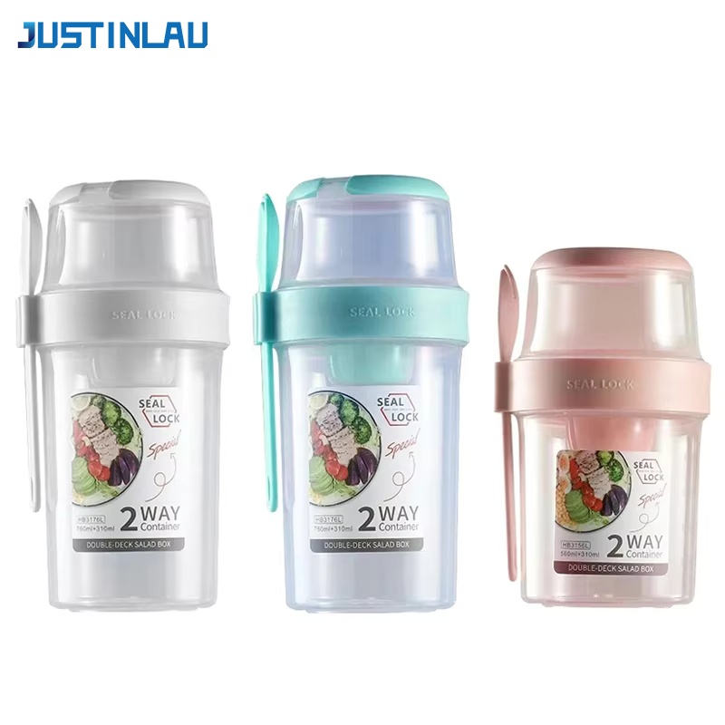 Food Storage Oven Safe - JUSTINLAU ポータブルフィットネス減量サラダカップ朝食フルーツヨーグルトカップ蓋スプーン屋外食品保存ピクニック弁当箱