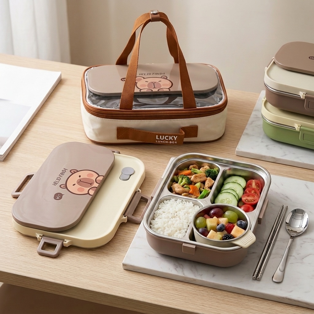 Food Storage 30 Years - 304ステンレス製弁当箱セット 4/5仕切り食品保存容器 スープボウルとカトラリー付き 大人子供学校用
