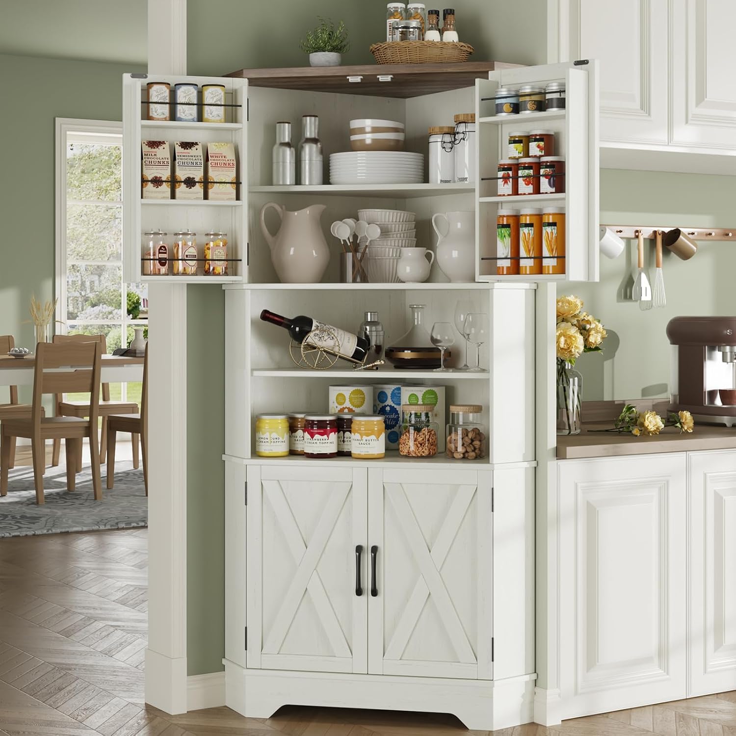 Food Storage In Cabinets - # コーナーキャビネット、高さ67インチのキッチンパントリー収納キャビネット、4つの納屋扉付き6段コーナーフードパントリーハッチ、カスタマイズ可能