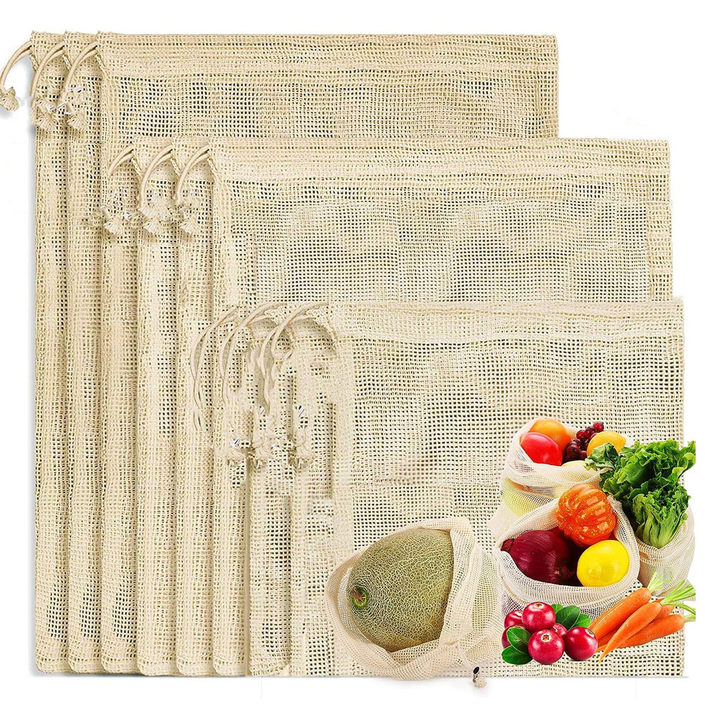 Produce Bag Reusable Mesh - 3 個再利用可能なコットンメッシュ農産物ショッピングバッグ洗えるエコプレミアムネットメッシュバッグ野菜果物野菜食料品収納用