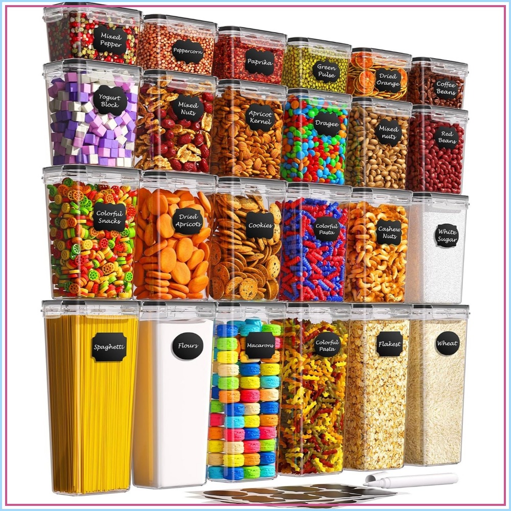 Food Storage Canister - 24個入り気密食品保存容器、蓋付き、BPAフリープラスチック、漏れ防止キッチンキャニスター、シリアル、小麦粉、砂糖用、ラベルとマーカー付き