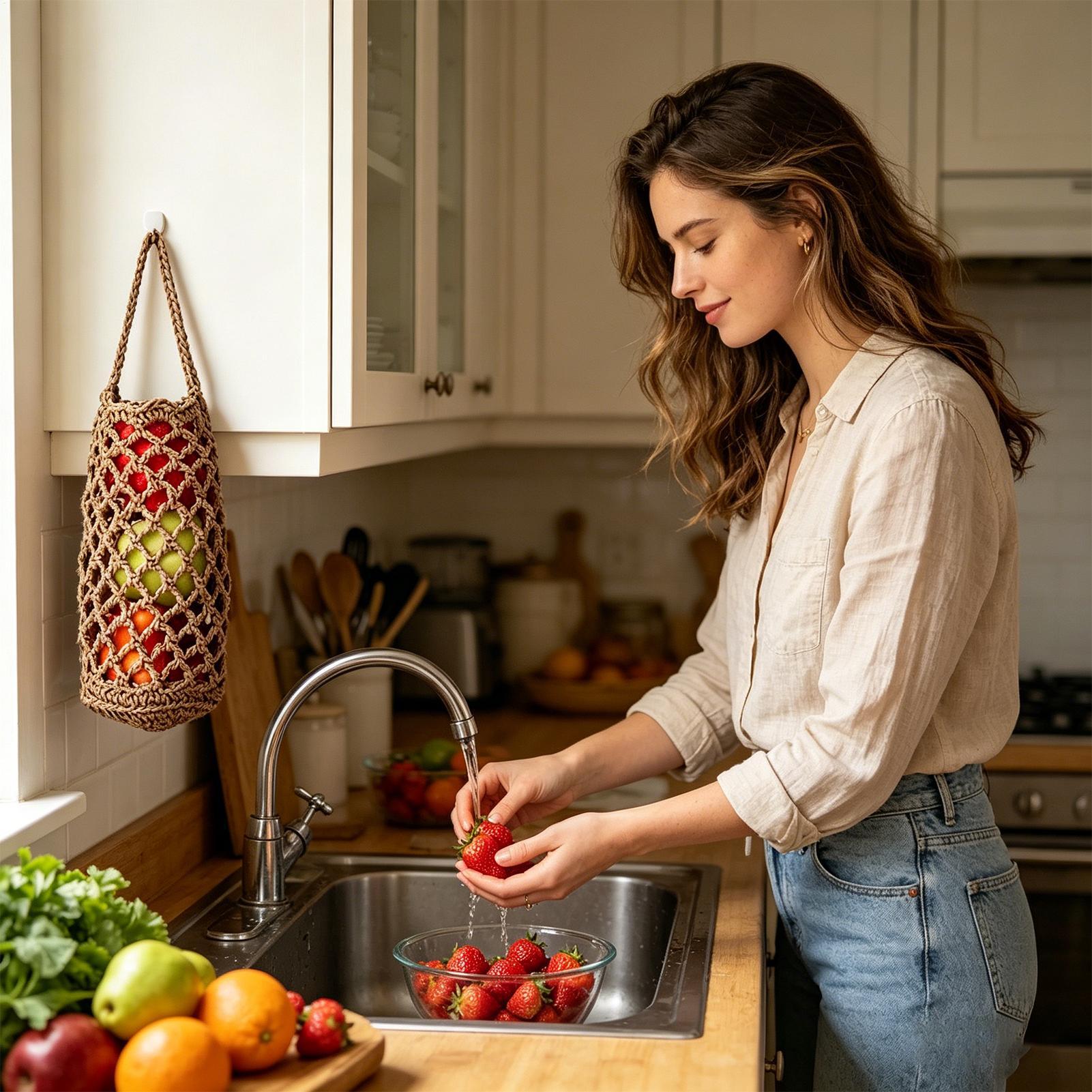 Produce Bag Reusable Mesh - ボヘミアンスタイルの手織り野菜収納バッグ、再利用可能なコットンメッシュ製品袋、壁掛け式ポテト・オニオンホルダー、キッチンパントリー用