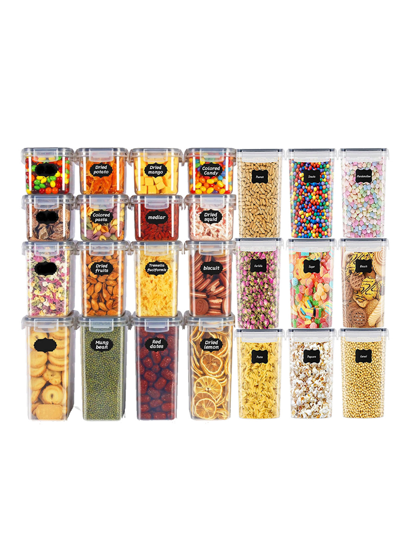 Food Storage Order - 48個入り、蓋付き密封食品保存容器、プラスチック製キッチンパントリー、乳糖、穀物、小麦粉、砂糖用の乾物保存瓶、ラベル付き