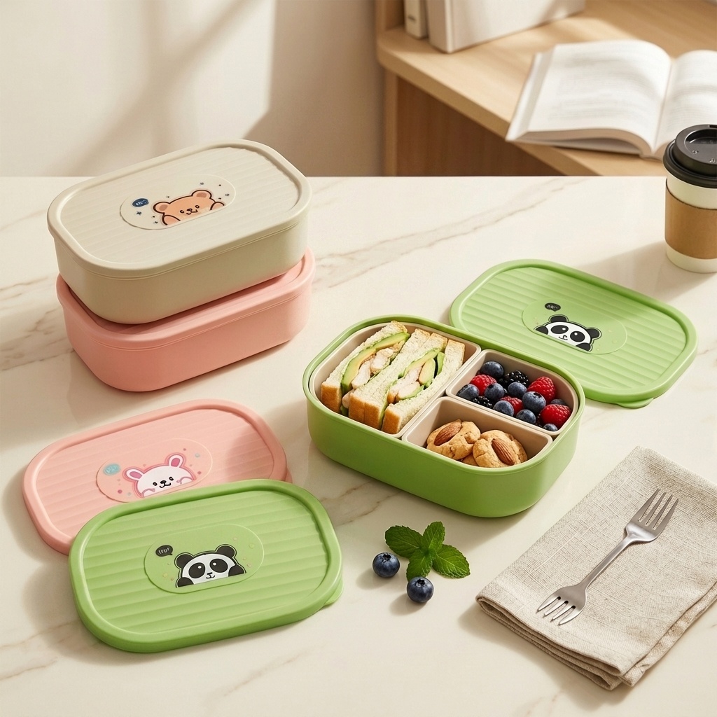 Food Storage Oven Safe - かわいいプラスチック製の分割ランチボックス子供学生用ポータブル密封された取り外し可能な3グリッドフルーツサラダ食品容器電子レンジ対応