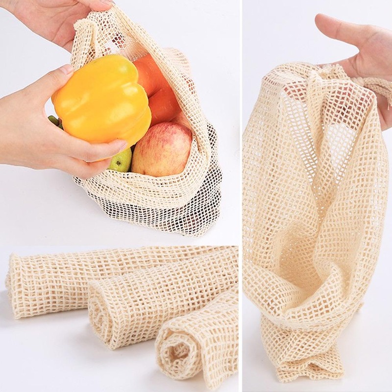 Produce Bag Reusable Mesh - 3 ピース/ロット綿メッシュ野菜バッグ農産物バッグ再利用可能な綿メッシュ野菜収納キッチン果物野菜巾着付き