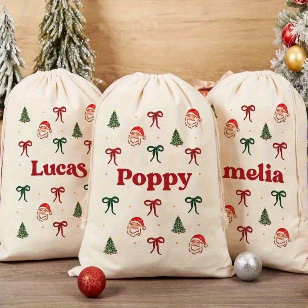 パーソナライズされたシンプルなサンタ＆クリスマスボウ付き巾着 - Food Storage Name のレビューと価格