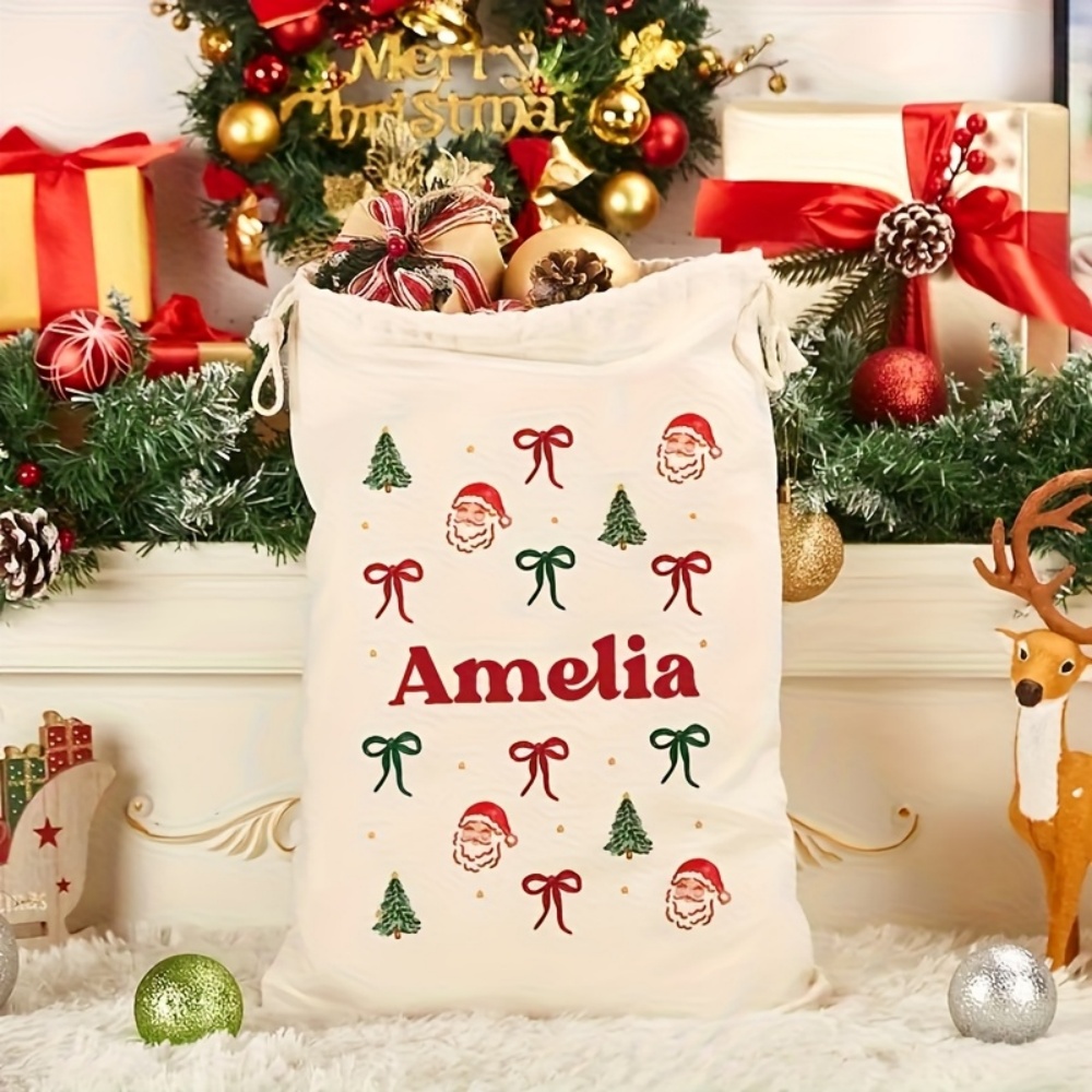 パーソナライズされたシンプルなサンタ＆クリスマスボウ付き巾着 - Food Storage Name のレビューと価格