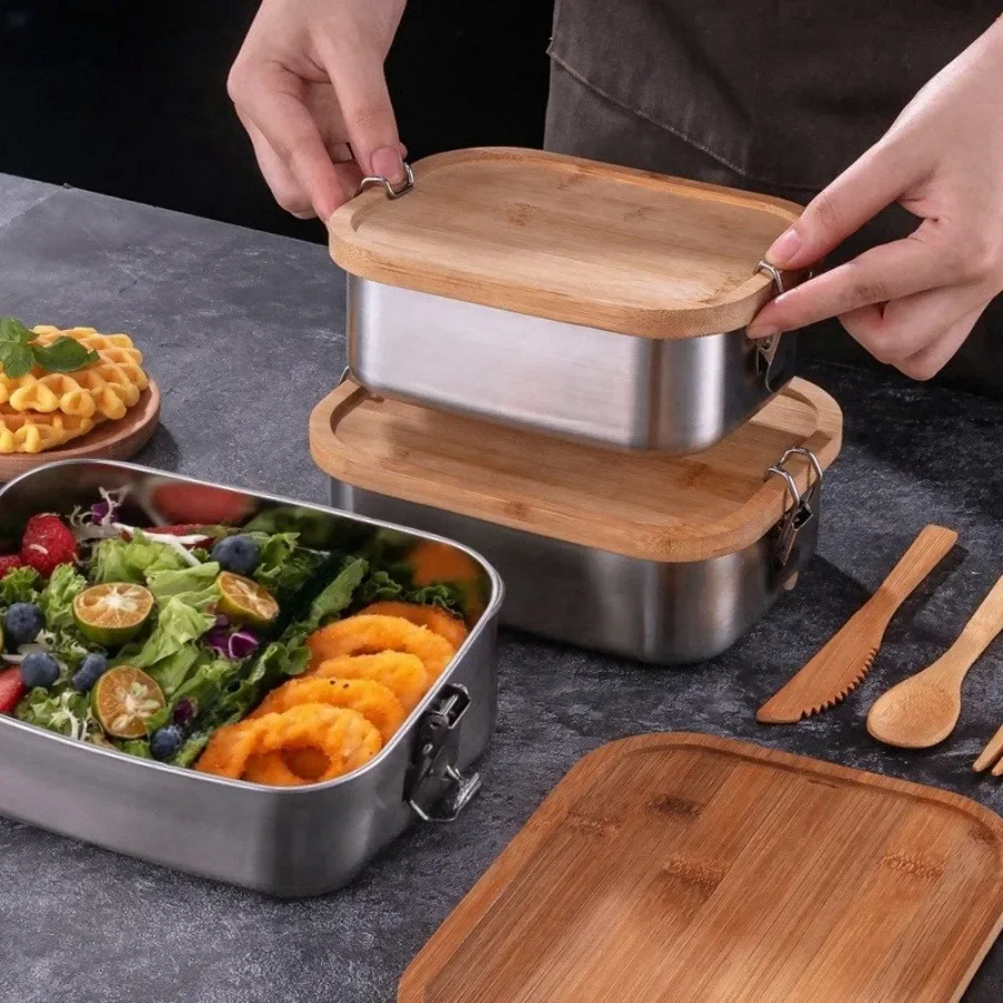 新しい304ステンレス製竹製蓋付きランチボックス、和風蓋付き - Food Storage Oven Safe のレビューと価格