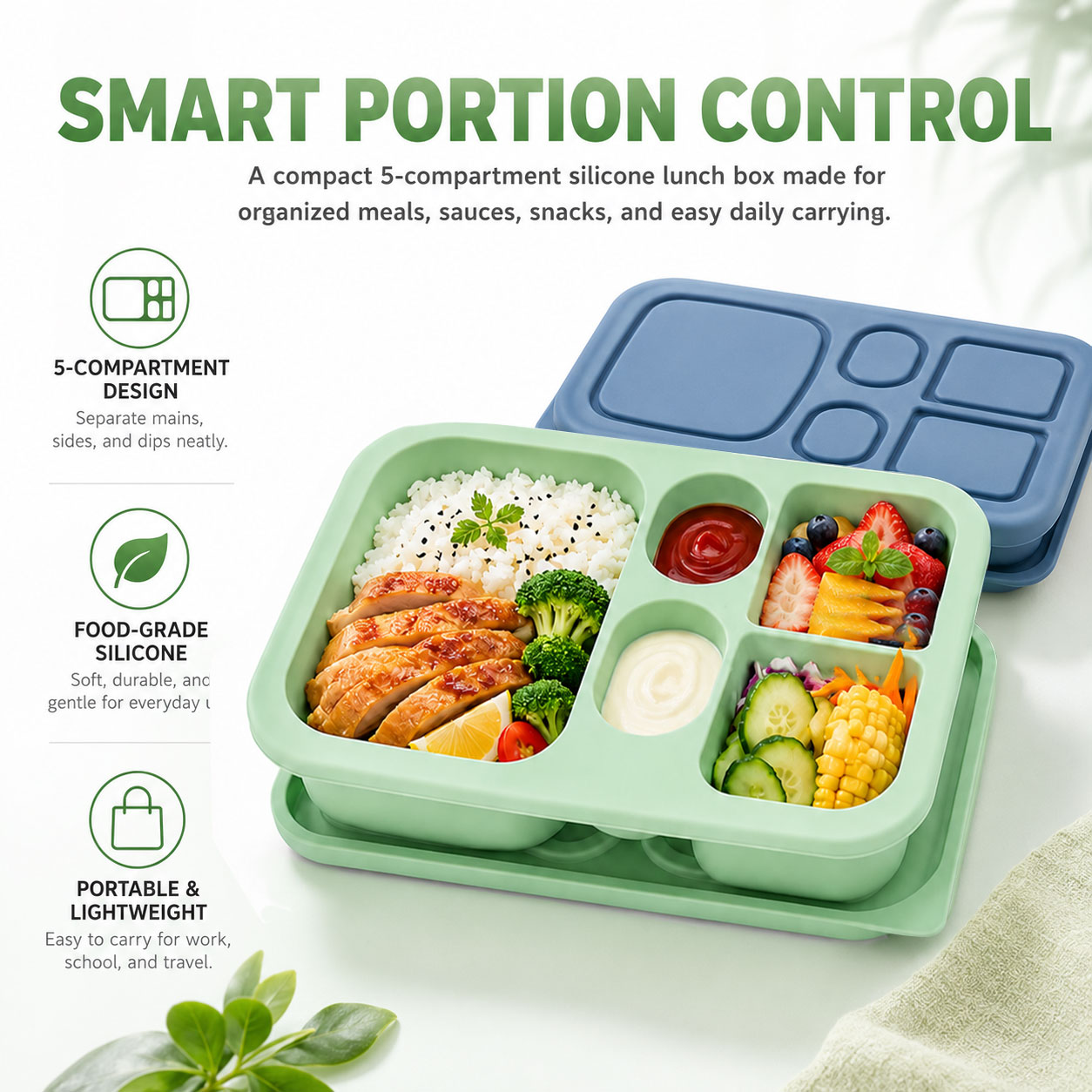 ポータブルシリコン弁当箱子供大人用 5 コンパートメントスナ - Food Storage 30 Years のレビューと価格