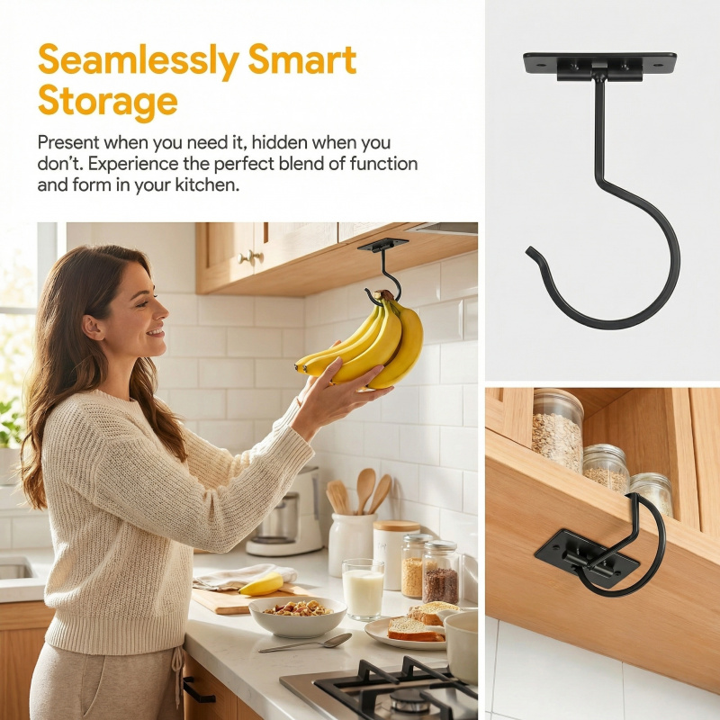 ブラックメタル製粘着式バナナフック折りたたみ式収納ラック省ス - Food Storage In Cabinets のレビューと価格