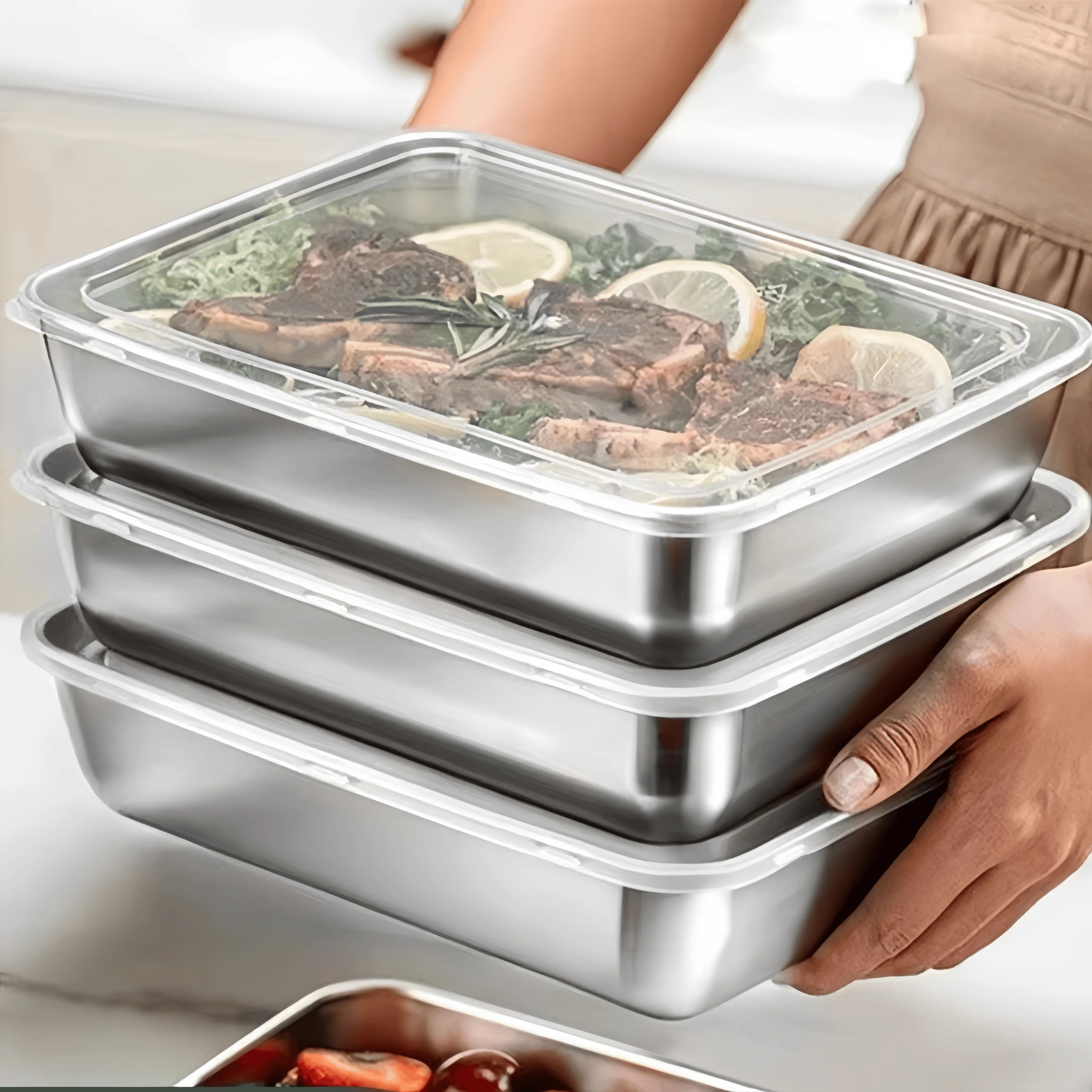 ステンレス製密閉型ランチボックス、鮮度保持長方形食品容器、蓋 - Food Storage Refrigerator のレビューと価格